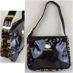 RARE Vintage SANRIO Hello Kitty Shoulder Bag Purse Patent Leather Leopard Brown